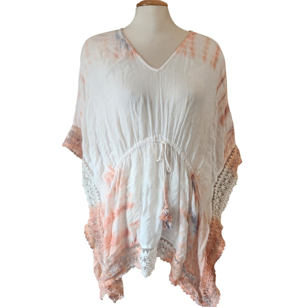 Cream Clothing Tie Dye Lace Trim Kaftan‎ Top Peach Blue Boho Tassel V-Neck S
